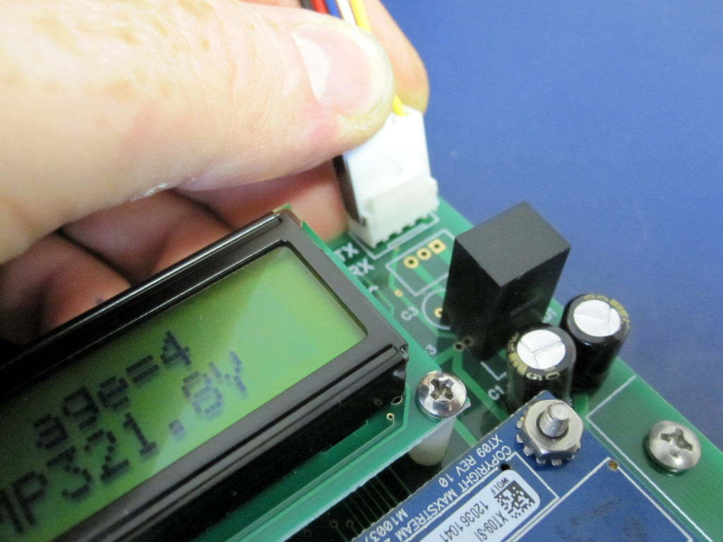 Updating Firmware:
Closeup of in-circuit programming connector. Note that pin one, color black, is on the left.