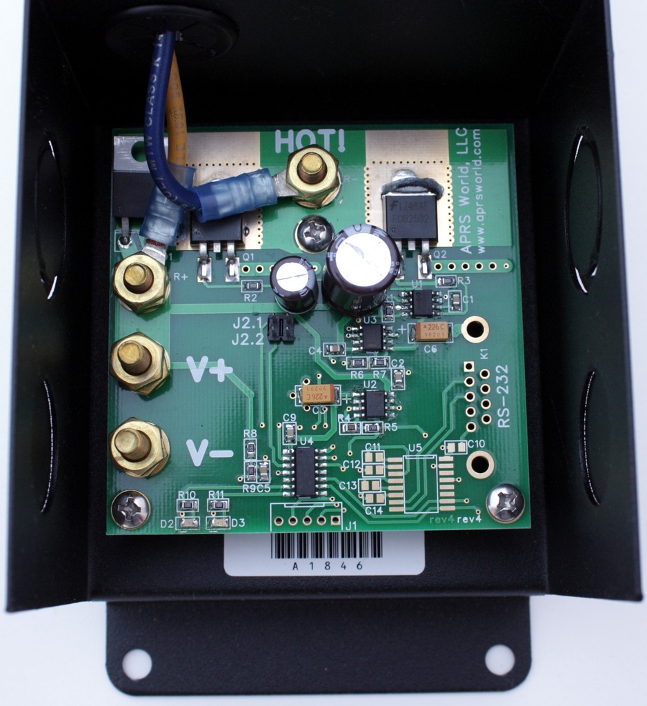 Hookup is simple. V+ connects to the battery positive, V- connects to the battery negative. A breaker should be installed in the V+ line.