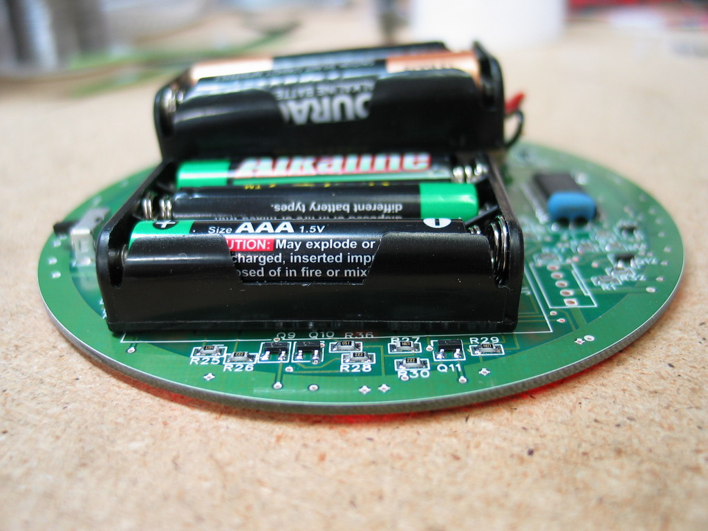 Bottom side of the board with batteries and MICA shown. 