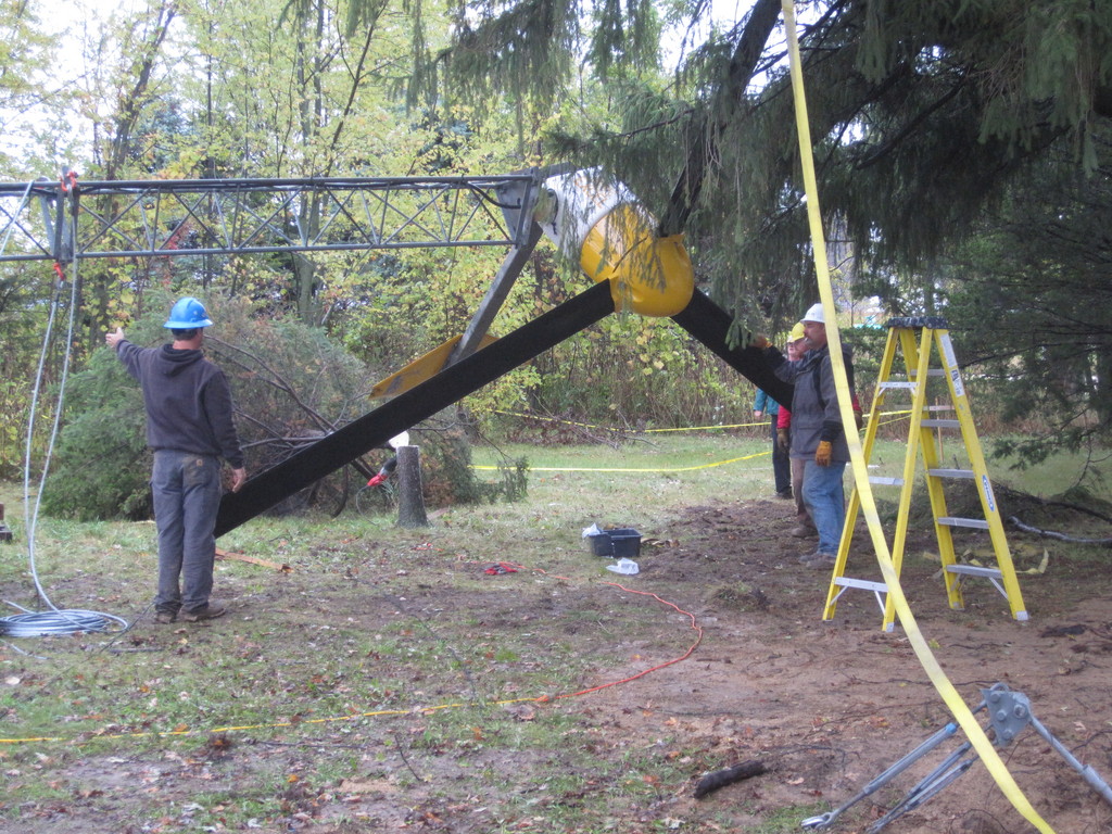 Had to trim a branch and cut down a tree to get the turbine up.