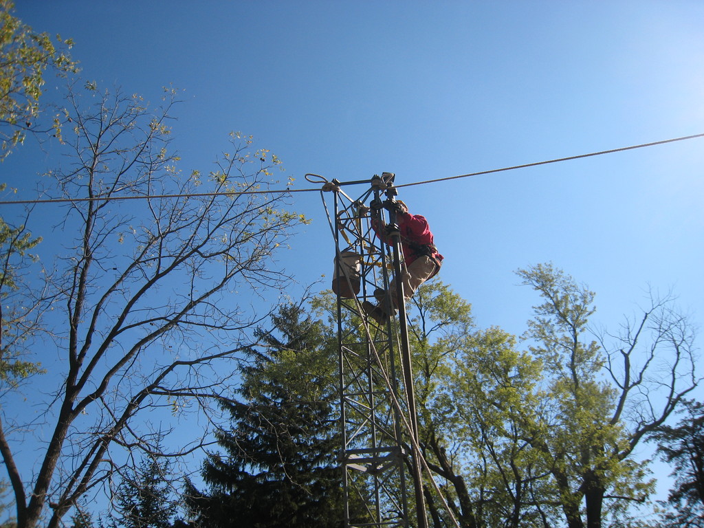 Building the tower with a gin pole.