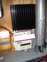 A Morningstar TS-60 dumps energy from the 48 volt Bergey battery bank into special 48 volt hot water heater elements. The Tri-Star is controller by the ThermokSolar-4A to prevent it from boiling the water in the tank.