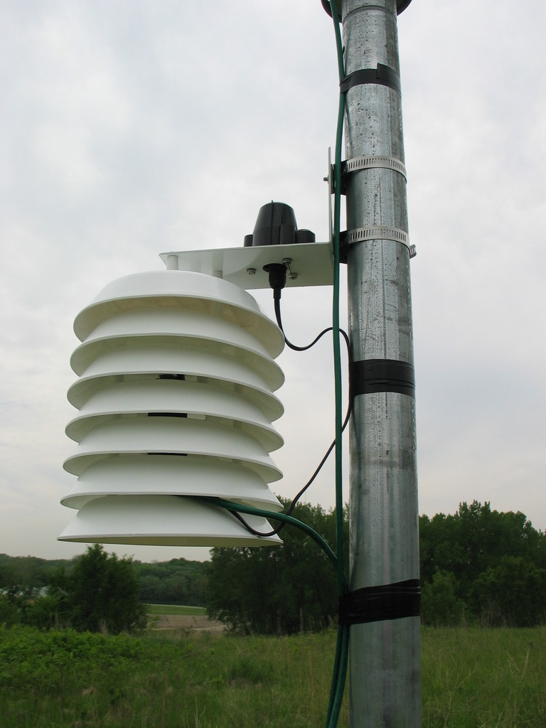 Solar radiation sensor on top of the temperature and relative humidity sensor and shield.