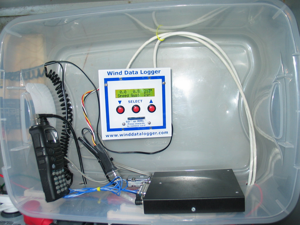 Close-up view of wind data logger, TNC, and radio.