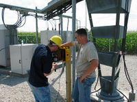 The solar powered wind data logger is simply bolted to the 4"x4" post. The post is set in concrete.