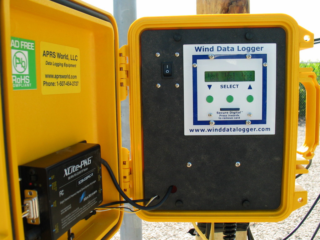 View inside of the enclosure showing wireless modem and Wind Data Logger.