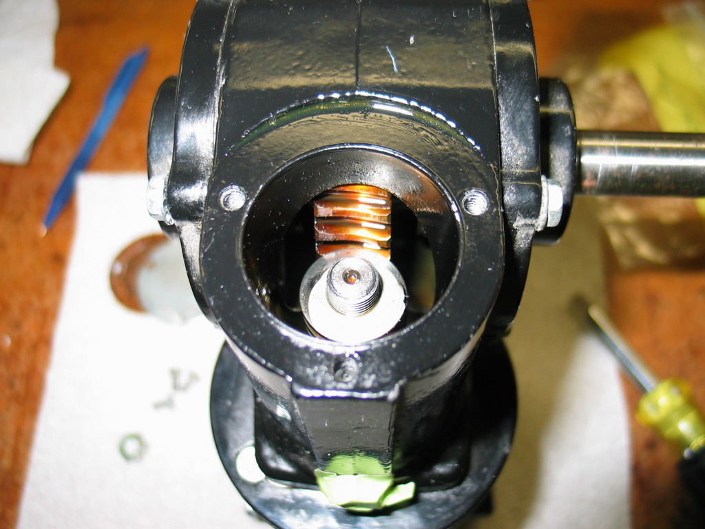 Looking in to the front of the gearbox. The threaded shaft is where the helical coupler screws on.