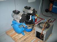 eBay special air compressor. This is a $6,500 dental air compressor. The previous owner hooked the 230 volt compressor 120 voltages and damaged it. We purchased it on eBay for a bargian price and are in the process of repairing it and putting it online.

Update: It turns out that one of the motors was fried. Preliminary testing shows that it will work fine with one compressor head while the second compressor motor is being repaired.
