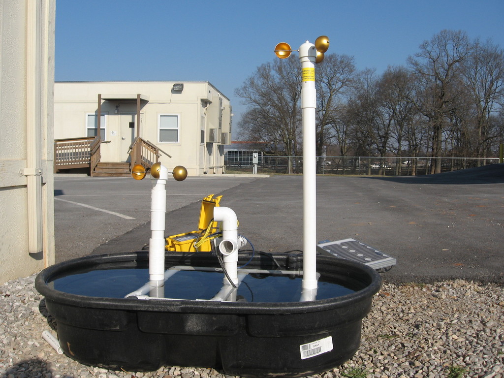 "Here's a picture off the anemometer setup so far.  We're floating it
for a few days in clean water to make sure it doesn't leak.  When I
deploy the setup in a waste lagoon, I'll send you some new pictures."