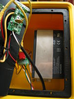 Two RJ-45 breakout boards are used to convert the 18 gauge submersible wires to RJ-45 connectors. The battery is a 7 amp hour sealed battery.