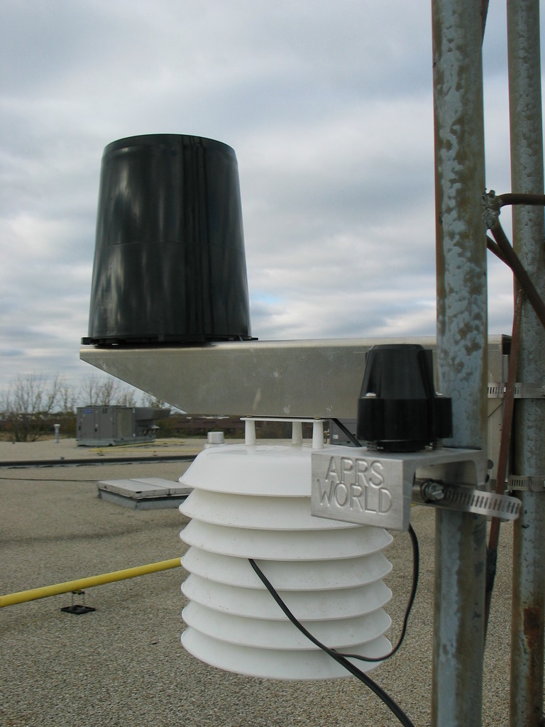 Rain gauge, solar radiation shield with temperature and relative humidity, and solar radiation sensor.