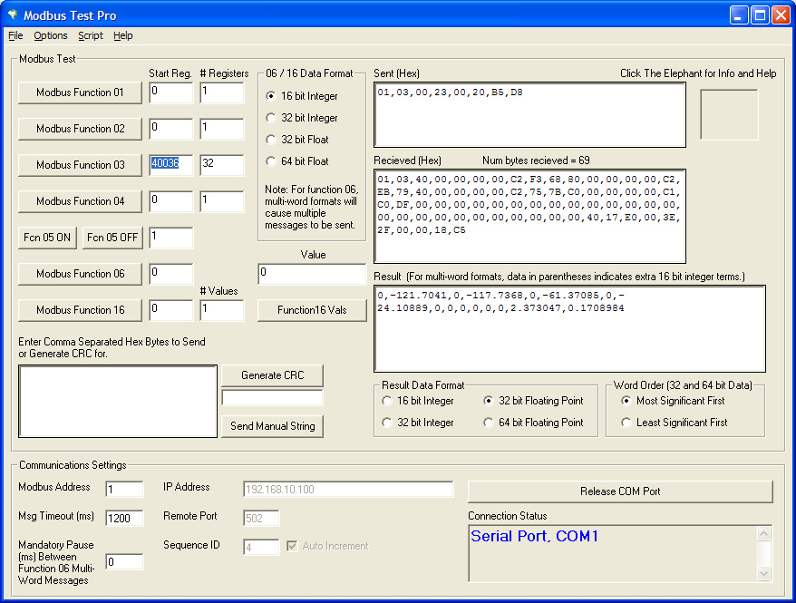 Testing MODBUS Communications: Communication with a 9XTendGateway and MODBUS address 1