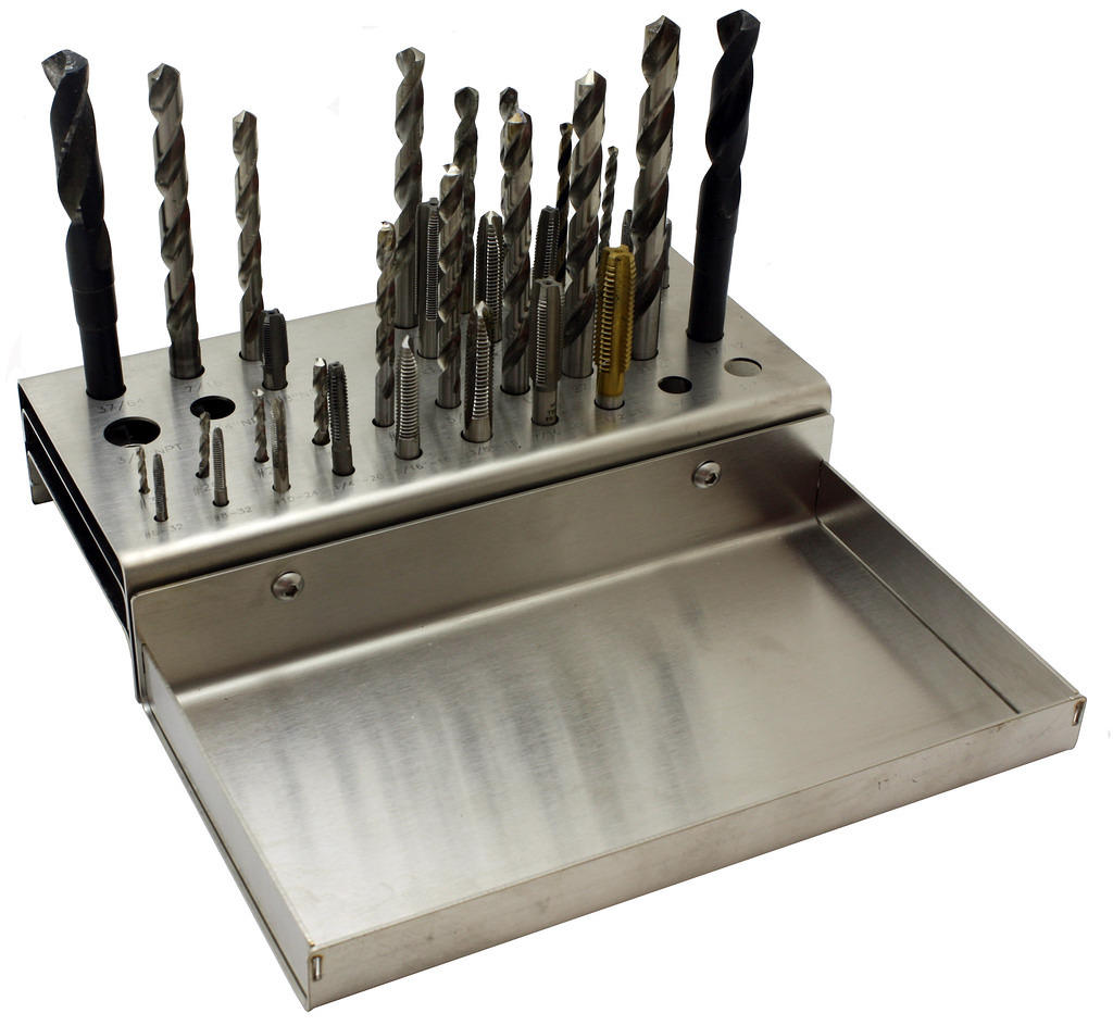 APRS9204: Tap and Drill Stand, Course Thread Pitch, Inch, Metric, Pipe, #4 Brushed Stainless Steel With Add-on APRS9205 Tray
