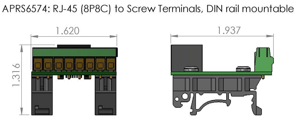 APRS6574: RJ-45 (8P8C) to Screw Terminals, DIN mountable, basic dimensions