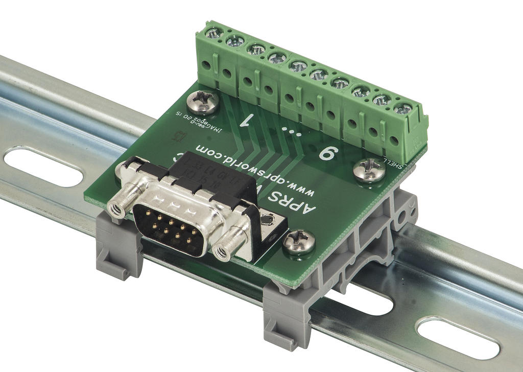 APRS6591: DB9 Male Breakout Board to Screw Terminals, DIN Rail Mountable