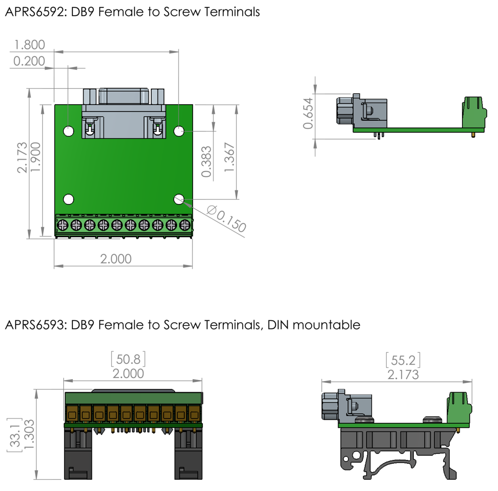 APRS6593: DB9 Female Breakout Board to Screw Terminals, DIN rail mountable