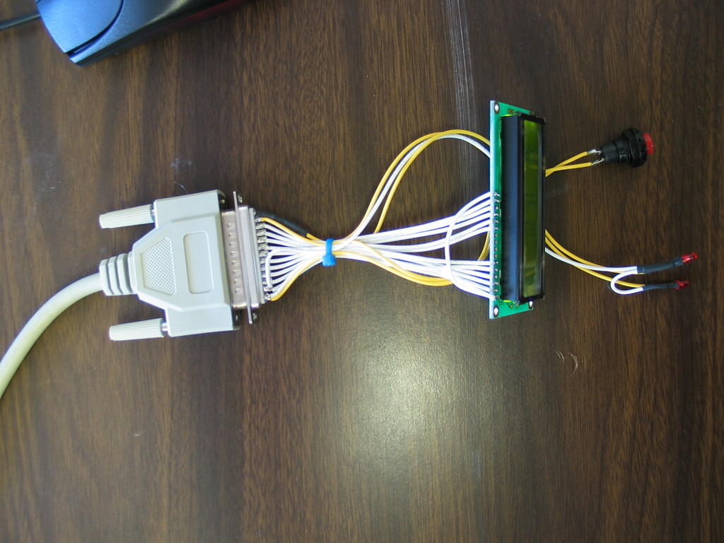 Detail of LCD wiring. A standard computer printer cable was used to extend the LCD from the main board.