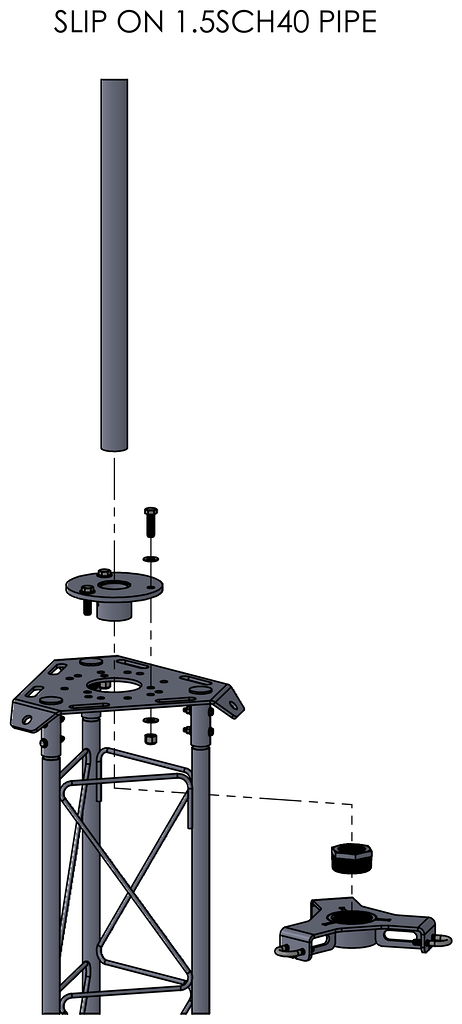 APRS8007: APRS World's tower top plate for standard Rohn 25G tower section and 1-1/2" SCH40 pipe.
